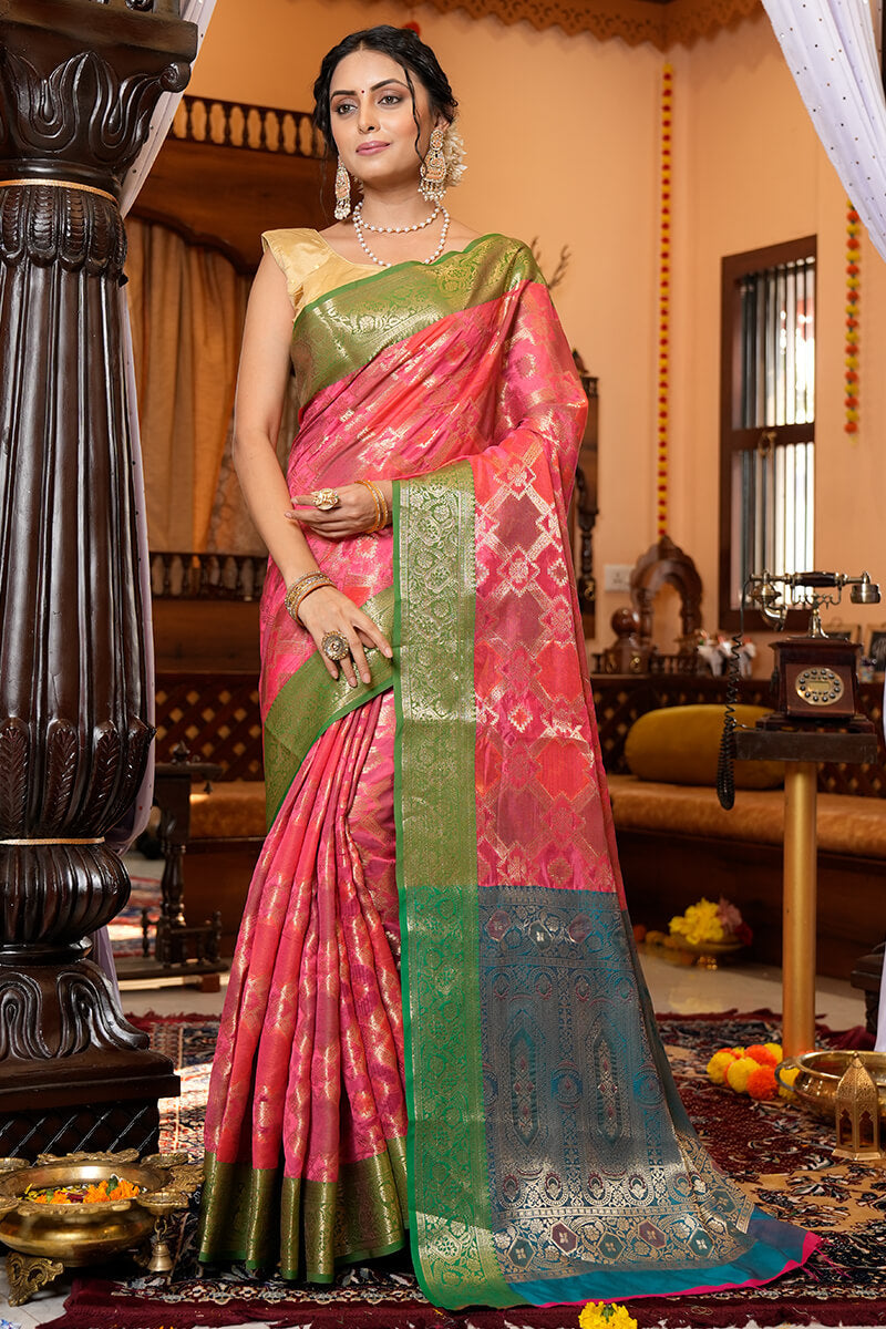 Charming Pink Organza Silk Saree With Intricate Blouse Piece - Colorful Saree