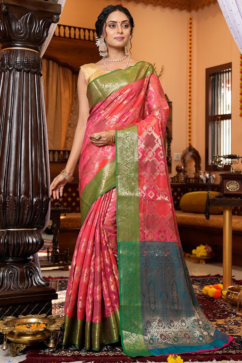 Charming Pink Organza Silk Saree With Intricate Blouse Piece - Colorful Saree