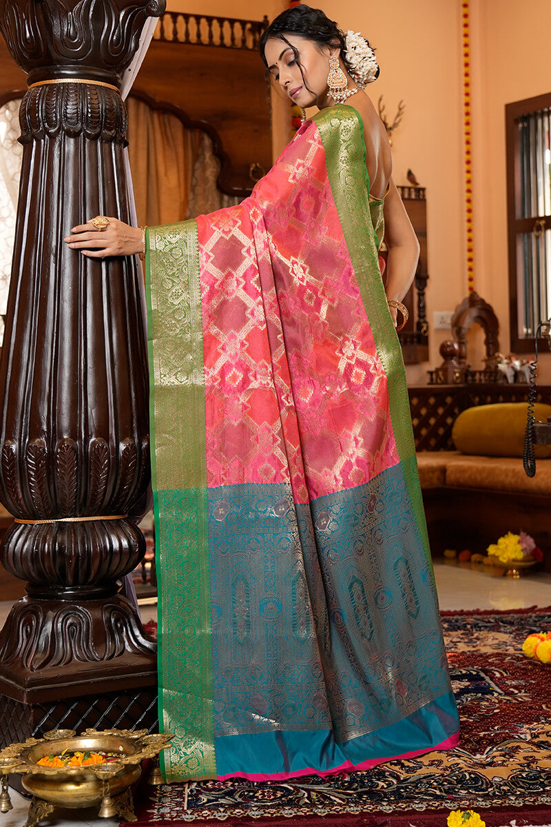 Charming Pink Organza Silk Saree With Intricate Blouse Piece - Colorful Saree