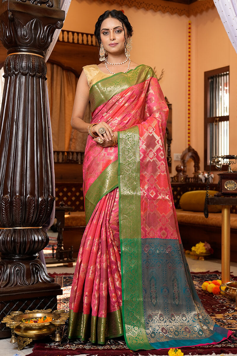 Charming Pink Organza Silk Saree With Intricate Blouse Piece - Colorful Saree