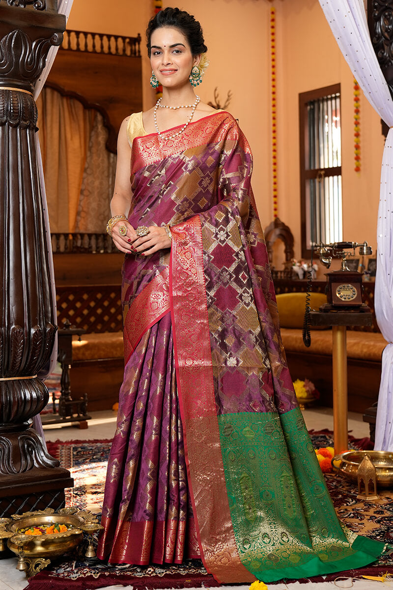 Groovy Purple Organza Silk Saree With Designer Blouse Piece - Colorful Saree