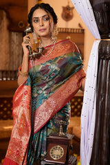 Prominent Rama Organza Silk Saree With Glorious Blouse Piece - Colorful Saree