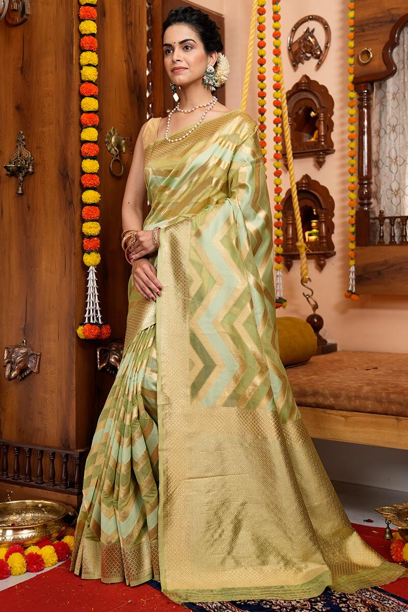 A glam Mehndi Organza Silk Saree With Super Blouse Piece - Colorful Saree