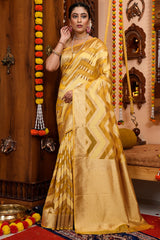 Traditional Mustard Organza Silk Saree With Fairytale Blouse Piece - Colorful Saree