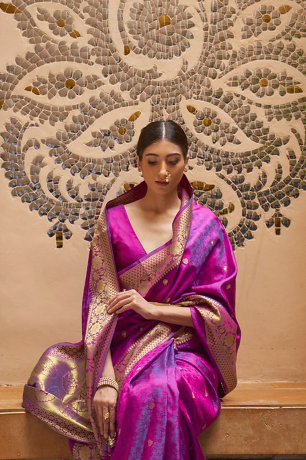 Moiety Purple Pure Kanjivaram Silk Saree with Artistic Blouse Piece - Colorful Saree