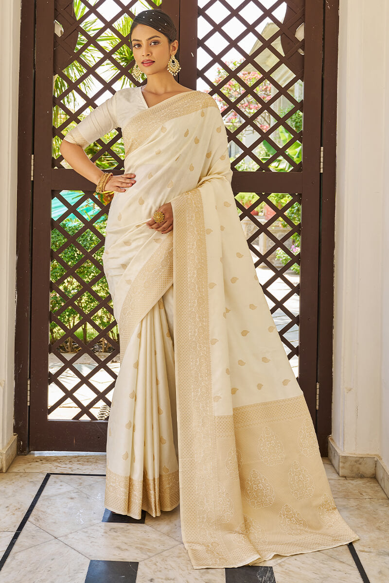 Lagniappe Beige Kanjivaram Silk Saree With Dissemble Blouse Piece - Colorful Saree