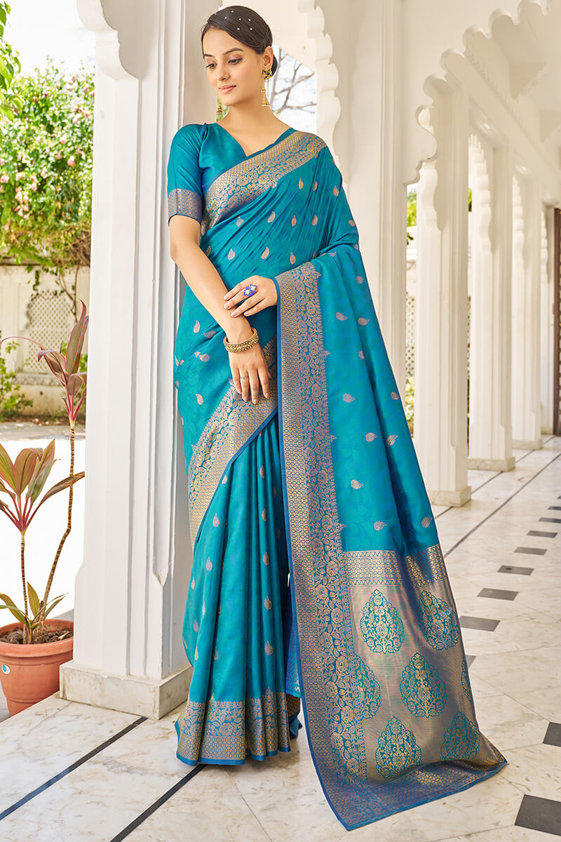 Elision Firozi Kanjivaram Silk Saree With Comely Blouse Piece - Colorful Saree