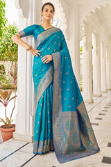 Elision Firozi Kanjivaram Silk Saree With Comely Blouse Piece - Colorful Saree