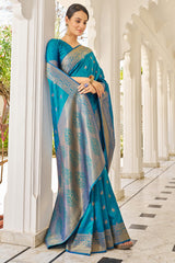 Elision Firozi Kanjivaram Silk Saree With Comely Blouse Piece - Colorful Saree