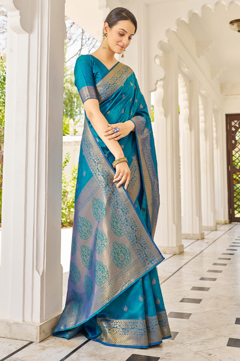 Elision Firozi Kanjivaram Silk Saree With Comely Blouse Piece - Colorful Saree