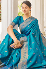 Elision Firozi Kanjivaram Silk Saree With Comely Blouse Piece - Colorful Saree