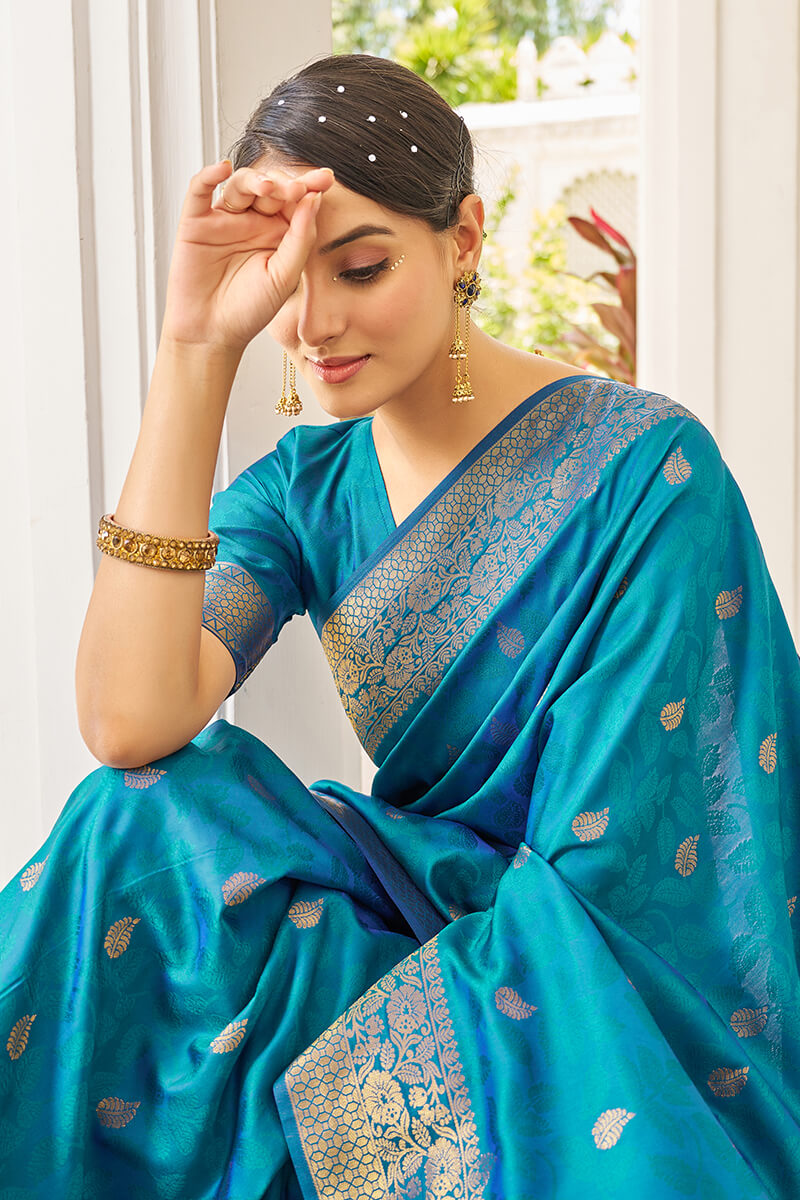 Elision Firozi Kanjivaram Silk Saree With Comely Blouse Piece - Colorful Saree
