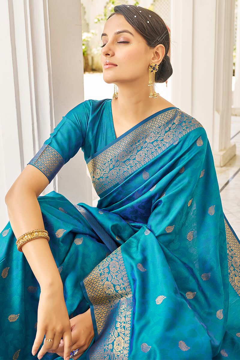 Elision Firozi Kanjivaram Silk Saree With Comely Blouse Piece - Colorful Saree