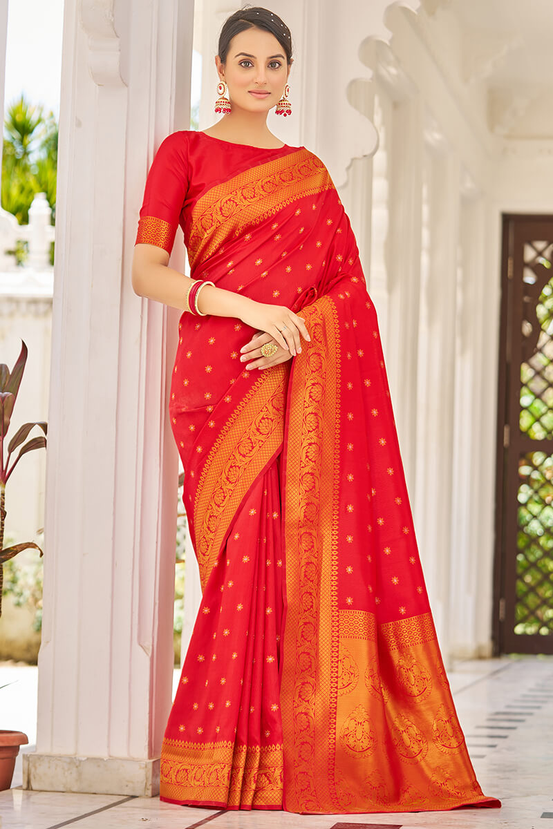 Trendy Red Kanjivaram Silk Saree With Demanding Blouse Piece - Colorful Saree