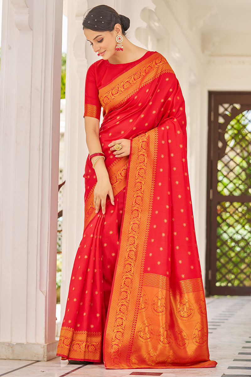 Trendy Red Kanjivaram Silk Saree With Demanding Blouse Piece - Colorful Saree
