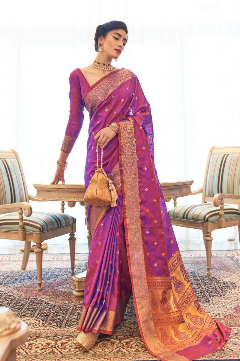 Groovy Purple Kanjivaram Silk Saree With Groovy Blouse Piece - Colorful Saree