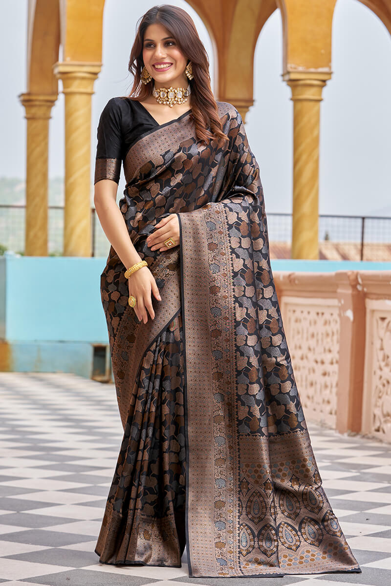 Stunning Black Kanjivaram Silk Saree With Divine Blouse Piece - Colorful Saree