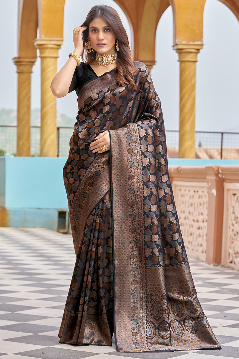 Stunning Black Kanjivaram Silk Saree With Divine Blouse Piece - Colorful Saree