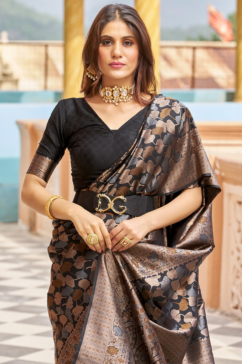 Stunning Black Kanjivaram Silk Saree With Divine Blouse Piece - Colorful Saree