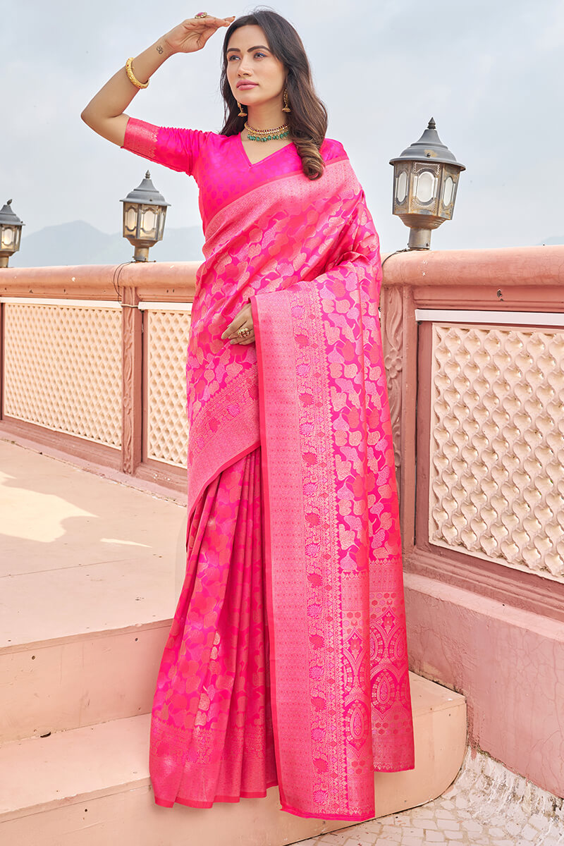 Marvellous Dark Pink Kanjivaram Silk Saree With Assemblage Blouse Piece - Colorful Saree