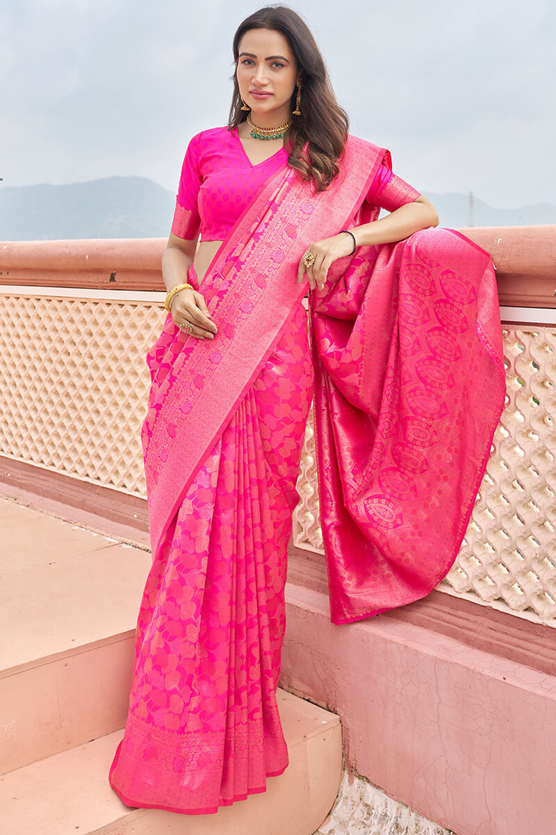 Marvellous Dark Pink Kanjivaram Silk Saree With Assemblage Blouse Piece - Colorful Saree