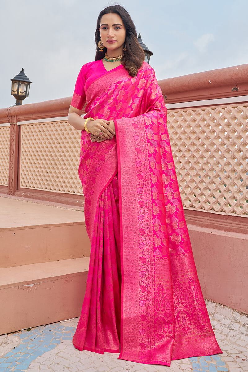 Marvellous Dark Pink Kanjivaram Silk Saree With Assemblage Blouse Piece - Colorful Saree