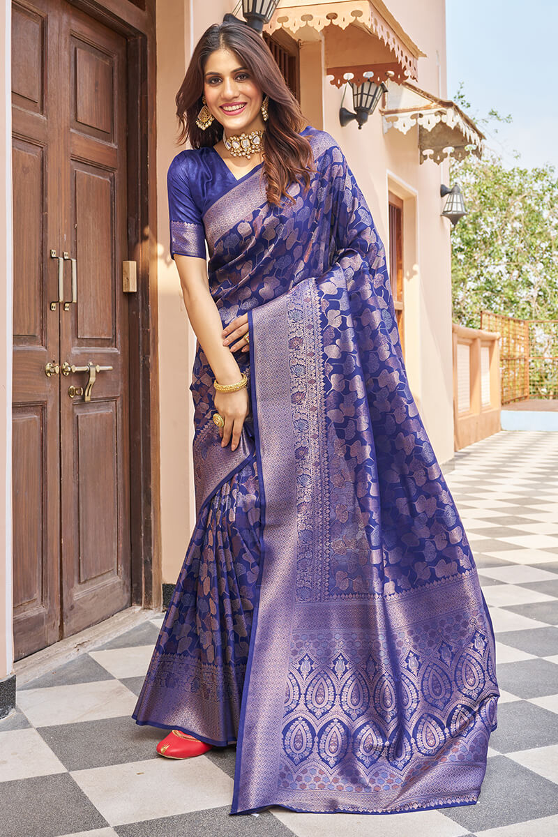 Elegant Navy Blue Kanjivaram Silk Saree With Chatoyant Blouse Piece - Colorful Saree