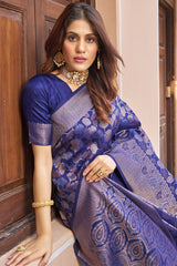 Elegant Navy Blue Kanjivaram Silk Saree With Chatoyant Blouse Piece - Colorful Saree