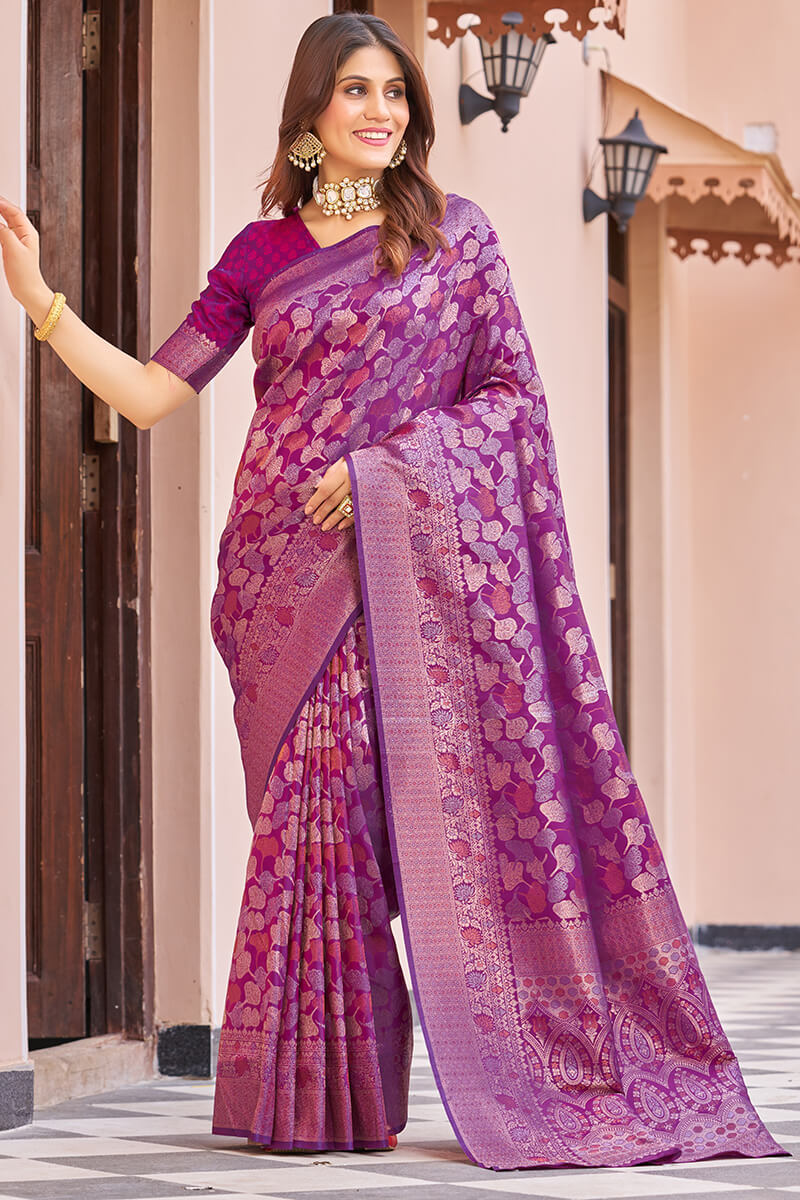 Flattering Purple Kanjivaram Silk Saree With Desuetude Blouse Piece - Colorful Saree