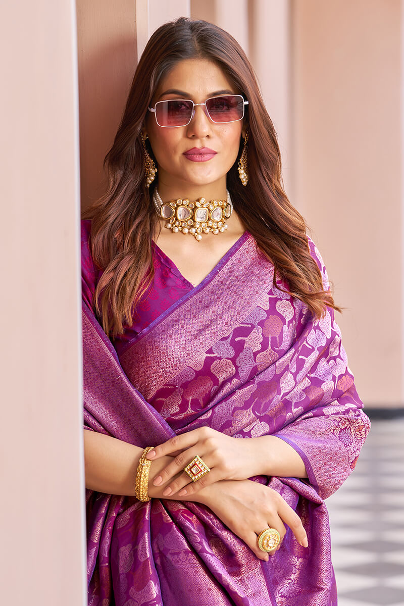 Flattering Purple Kanjivaram Silk Saree With Desuetude Blouse Piece - Colorful Saree