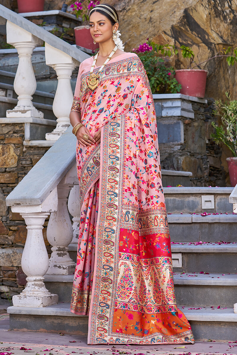 Sensational Baby Pink Pashmina saree With Lissome Blouse Piece - Colorful Saree