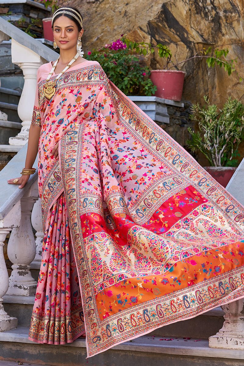 Sensational Baby Pink Pashmina saree With Lissome Blouse Piece - Colorful Saree