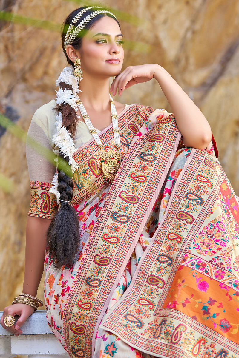 Mesmerising Beige Pashmina saree With Pleasurable Blouse Piece - Colorful Saree