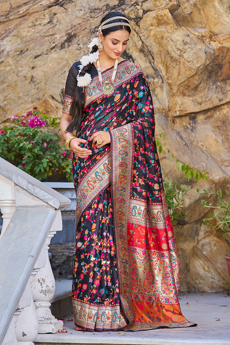 Stylish Black Pashmina saree With Scrumptious Blouse Piece - Colorful Saree