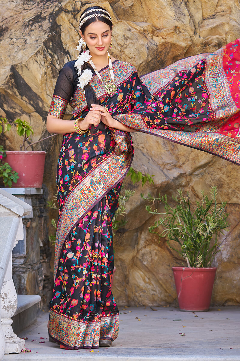 Stylish Black Pashmina saree With Scrumptious Blouse Piece - Colorful Saree