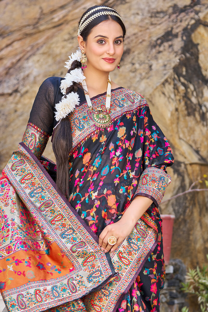 Stylish Black Pashmina saree With Scrumptious Blouse Piece - Colorful Saree