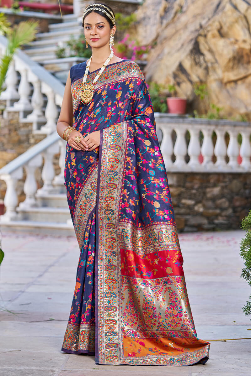 Outstanding Navy Blue Pashmina saree With Snazzy Blouse Piece - Colorful Saree