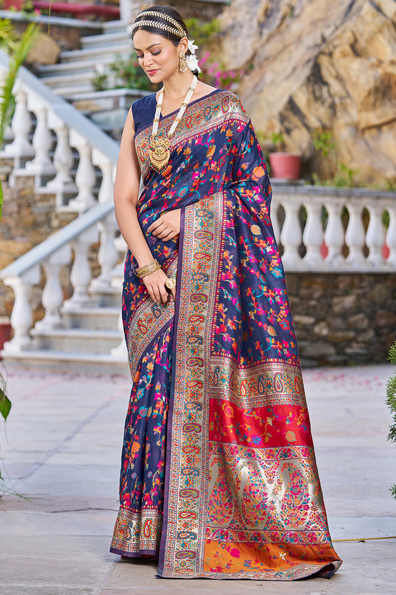 Outstanding Navy Blue Pashmina saree With Snazzy Blouse Piece - Colorful Saree