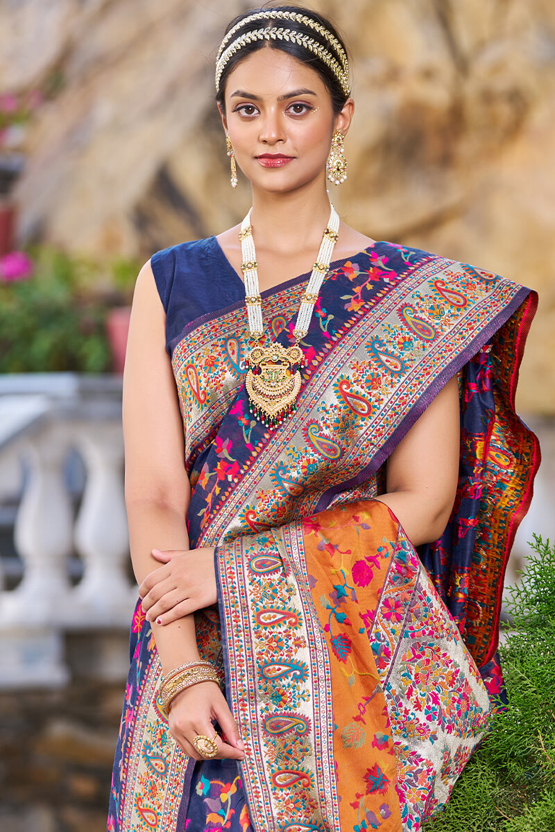 Outstanding Navy Blue Pashmina saree With Snazzy Blouse Piece - Colorful Saree