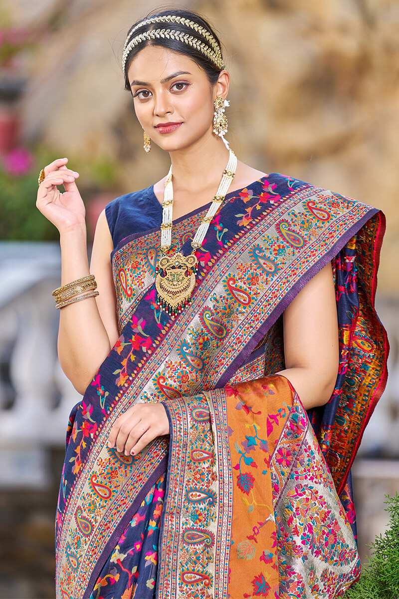 Outstanding Navy Blue Pashmina saree With Snazzy Blouse Piece - Colorful Saree