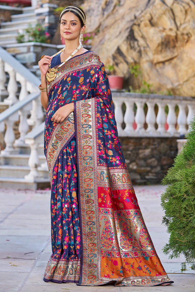Outstanding Navy Blue Pashmina saree With Snazzy Blouse Piece - Colorful Saree