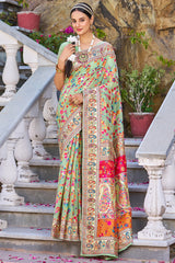 Staring Pista Pashmina saree With Efflorescence Blouse Piece - Colorful Saree