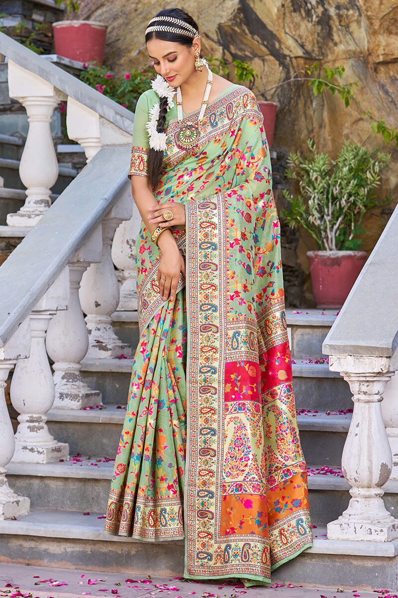 Staring Pista Pashmina saree With Efflorescence Blouse Piece - Colorful Saree