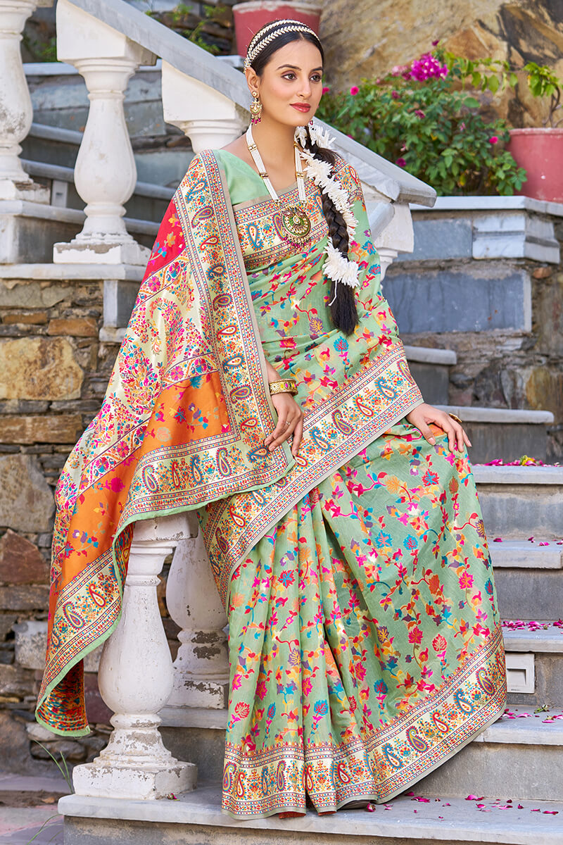 Staring Pista Pashmina saree With Efflorescence Blouse Piece - Colorful Saree