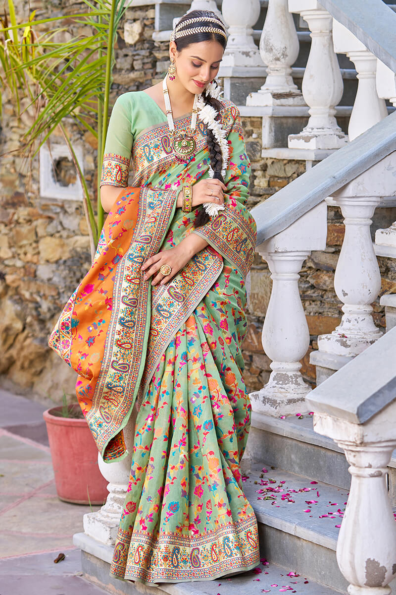 Staring Pista Pashmina saree With Efflorescence Blouse Piece - Colorful Saree