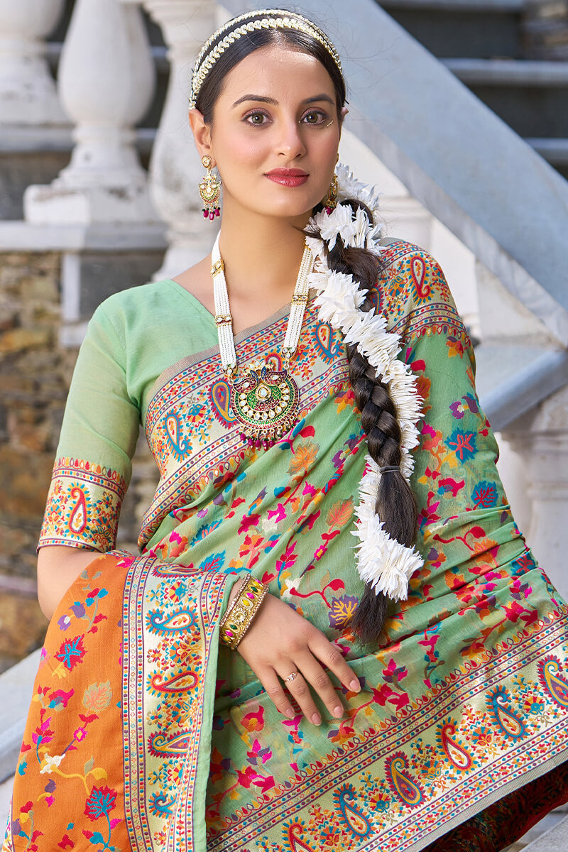 Staring Pista Pashmina saree With Efflorescence Blouse Piece - Colorful Saree