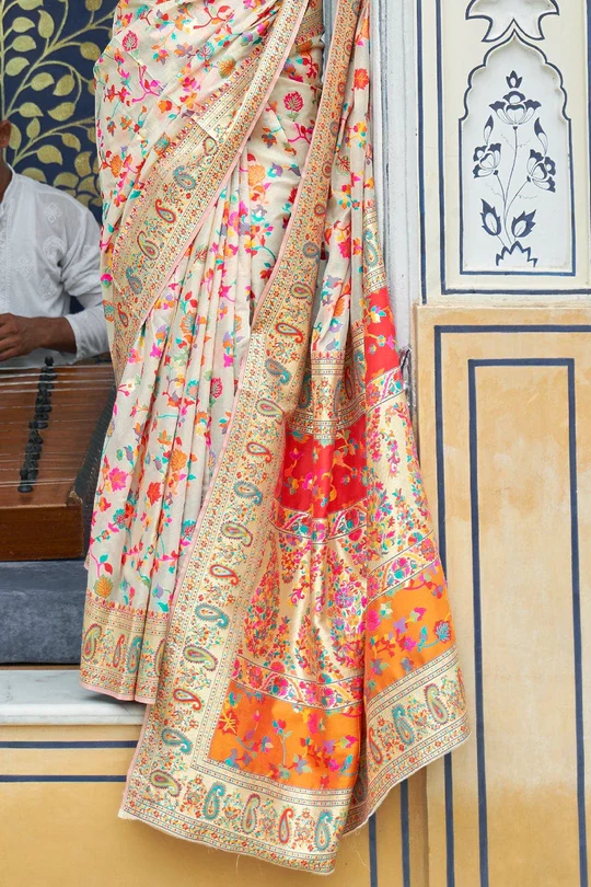 Gratifying Beige Pashmina saree With Panoply Blouse Piece - Colorful Saree