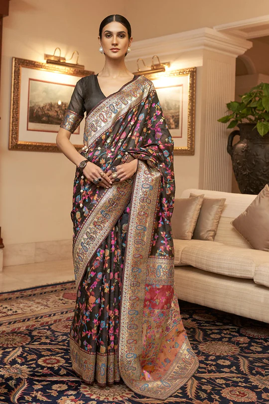 Elaborate Black Pashmina saree With Transcendent Blouse Piece - Colorful Saree