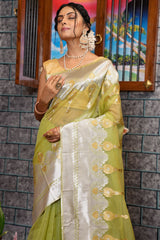 Gossamer Mehndi Organza Silk Saree With Mellifluous Blouse Piece - Colorful Saree