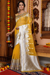 Murmurous Mustard Organza Silk Saree With Scintilla Blouse Piece - Colorful Saree